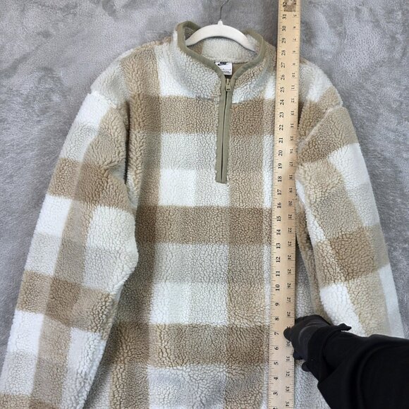 Nike Pullover Mens Large Tan White Plaid Sherpa Fleece Half Zip Checkered Jacket - Picture 5 of 12